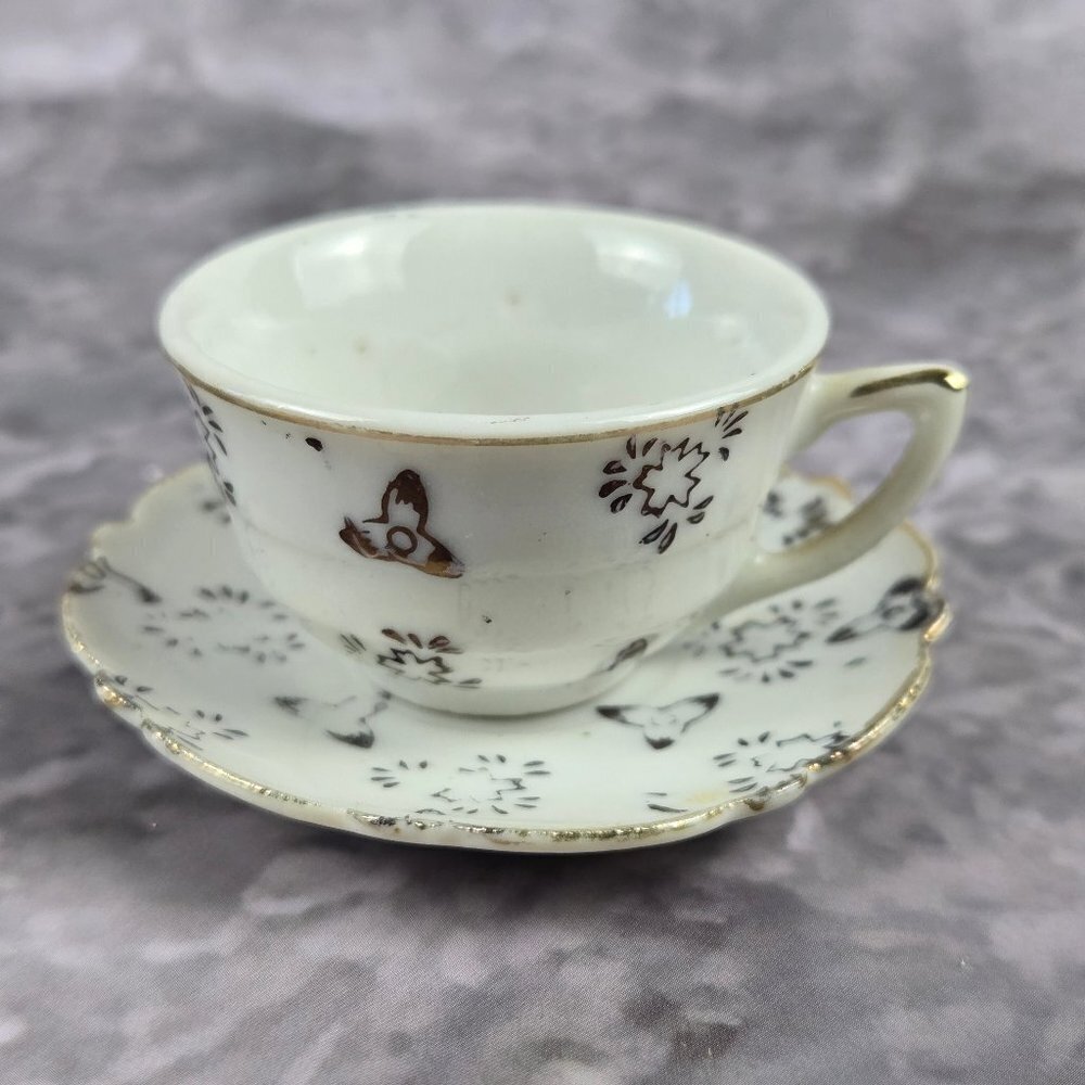 Miniature Porcelain Cup and Saucer White with Gold Pattern Scalloped Edge Japan